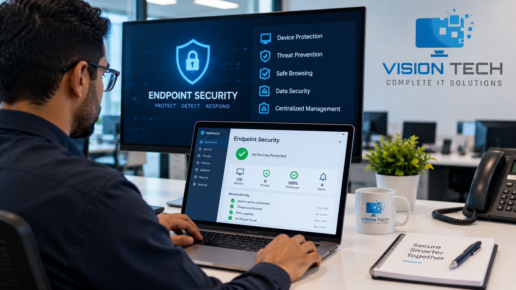 Endpoint security professional working with protected business devices